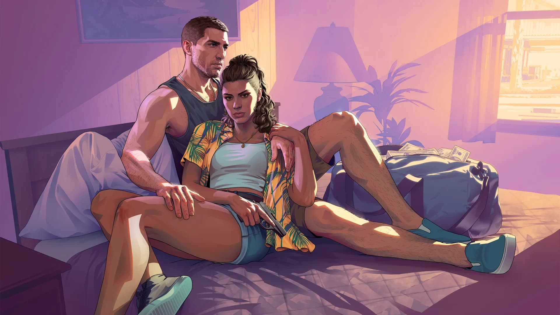 Jason et Lucia dans un motel de Vice City — artwork officiel GTA 6